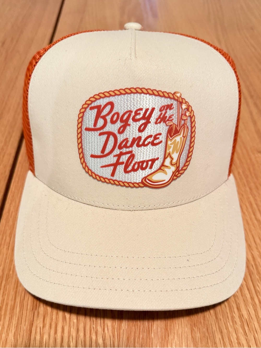 Waggle Golf “Bogey on the Dance Floor” Trucker Hat Tan Orange Snapback NWT